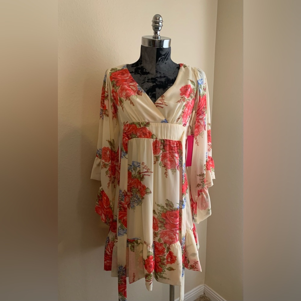 NWT Betsey Johnson Ivory Rose Boho Bell Sleeve V-Neck Floral Ruffle Dress Sz 10
